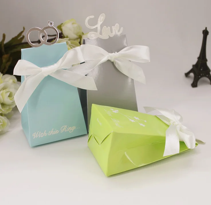 

100 x Silver Gray / Blue / Green Clear Glass Ring / Love / Bird Style Wedding Favors Candy Boxes With Ribbons Party Gift Box