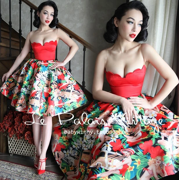 30- Palais Vintage Women Hawaii Girl Print Corset Dress Rockabilly Pinup Party Dresses Plus Size Vestidos Jurken - Dresses - AliExpress