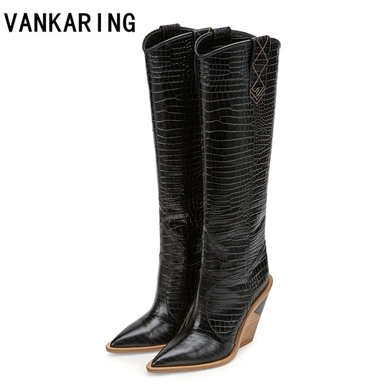Acheter VANKARING marque microfibre en cuir femmes genou haute bottes sexy bout pointu western cowboy bottes femmes mi mollet chunky wedge bottes