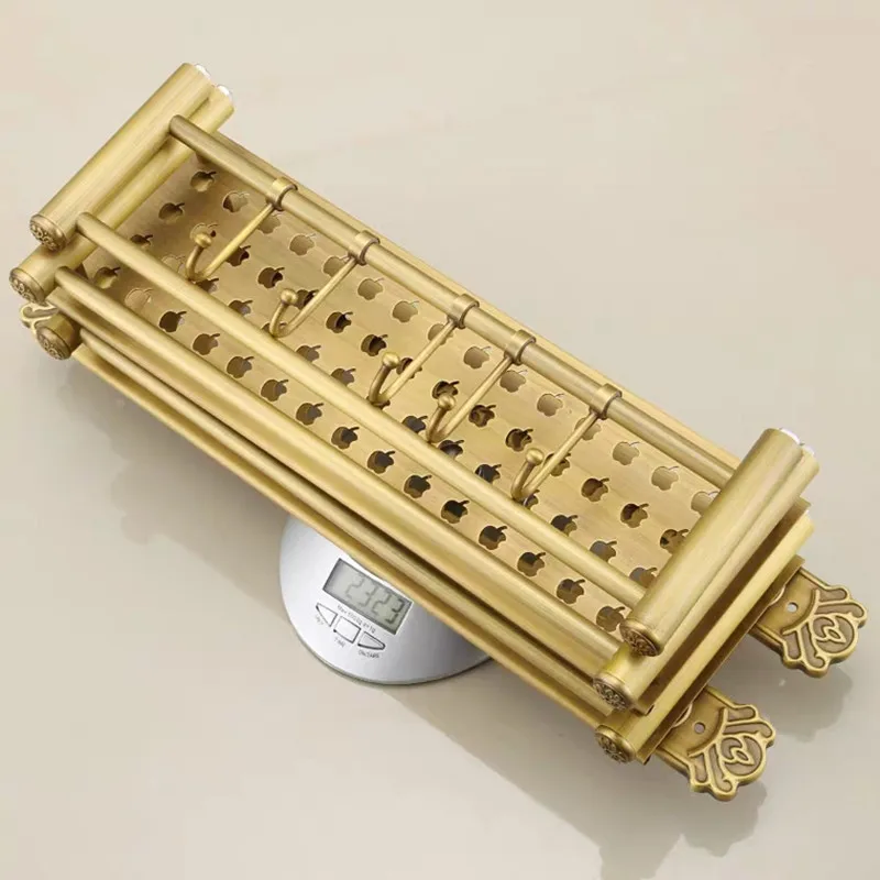 Античная двойная латунная полка для ванной комнаты 40 см, латунный держатель для полотенец, полка для ванной комнаты с крючками, держатель для ванной комнаты