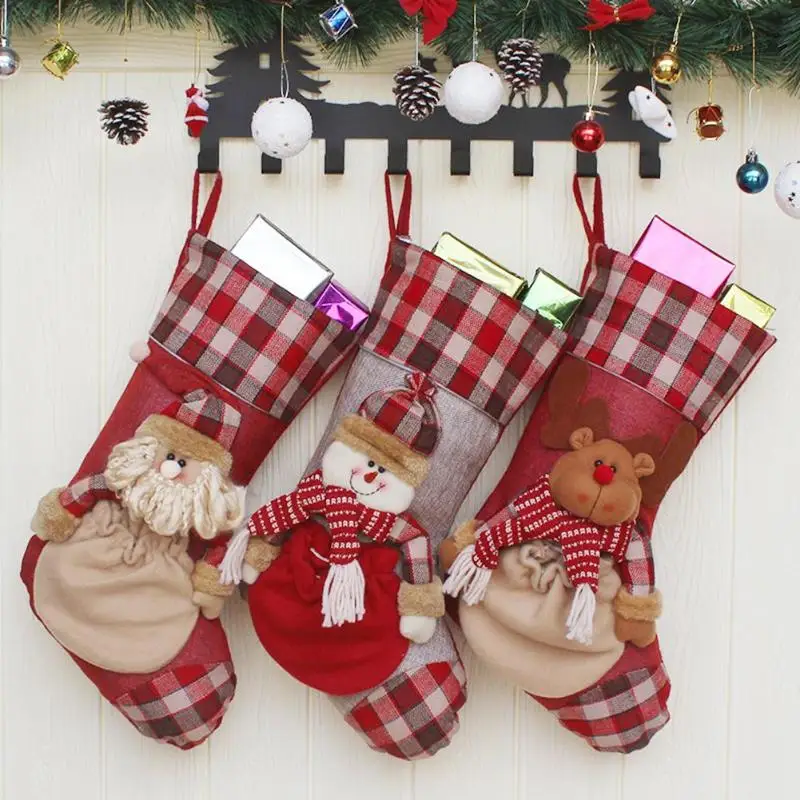Christmas Stocking Children Plaid Santa Claus Sock Gift Bag Candy Bag Xmas Tree Decoration Candy Bag Bauble Christmas Tree
