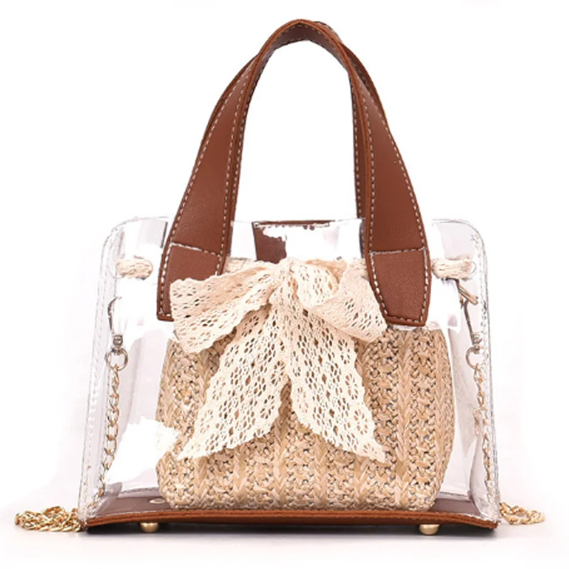 

Lace Transparent Woven Straw Ladies Transparent Jelly Bag Messenger Bag Ladies Shoulder Bucket Beach Bag Female