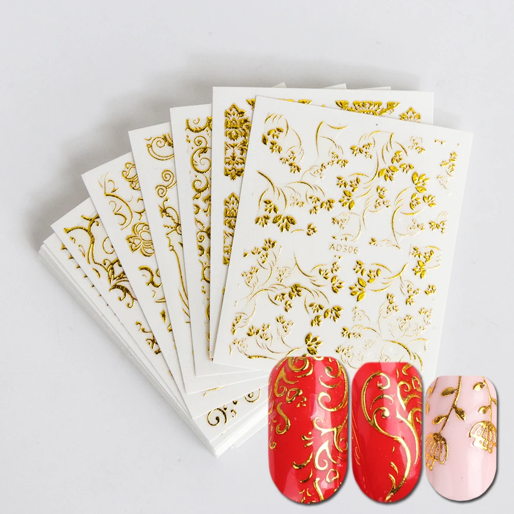 

20pcs 3D Nail Sticker Flower Pattern Gold Bronzing Tips Decals UV Gel Polishing for Nails Wraps Manicure Decoration BEAD301-326