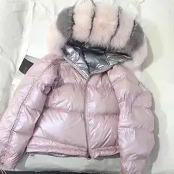 Натуральный мех пальто с натуральным лисьим меховой воротник 2018 зимняя куртка Для женщин свободные короткие вниз пальто белая утка вниз