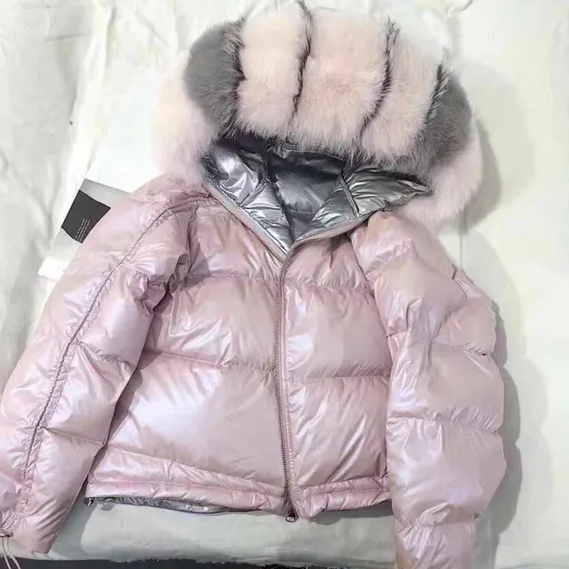 US $54.28 Real Fur Coat Natural Fox Fur Collar 2019 Winter Jacket Women Loose Short Down Coat White Duck Down
