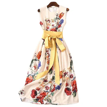 

XF Italy Milan Court Retro Flower Print Bohemian Dress 2019 Summer Fashion Party Women High Quality Midi Casual Beach Women
