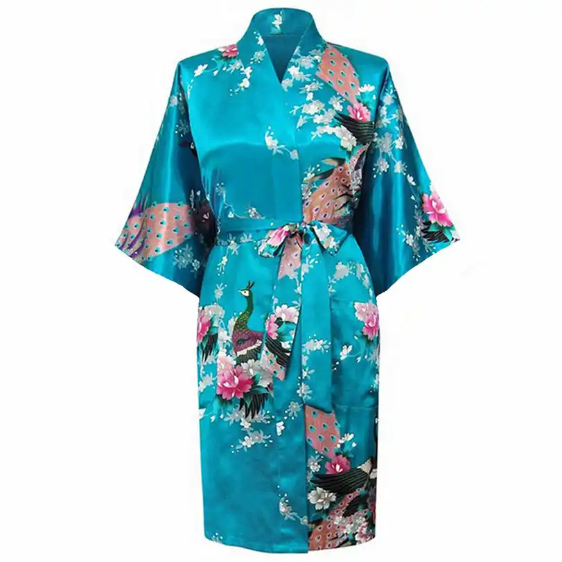 lake blue Chinese Silk Women/'s Kimono long Robe Gown nightwear S-3XL