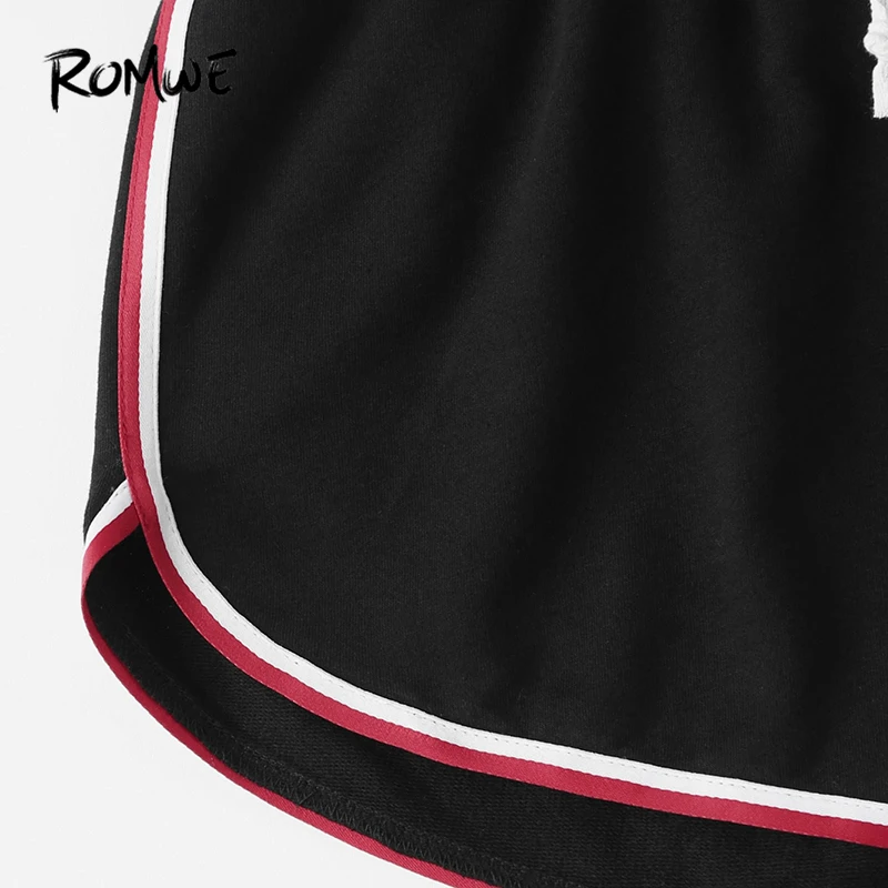 Romwe спортивные черные полосатые шорты с боковым дельфином на завязках для бега, женские шорты для занятий спортом со средней талией, спортивные шорты