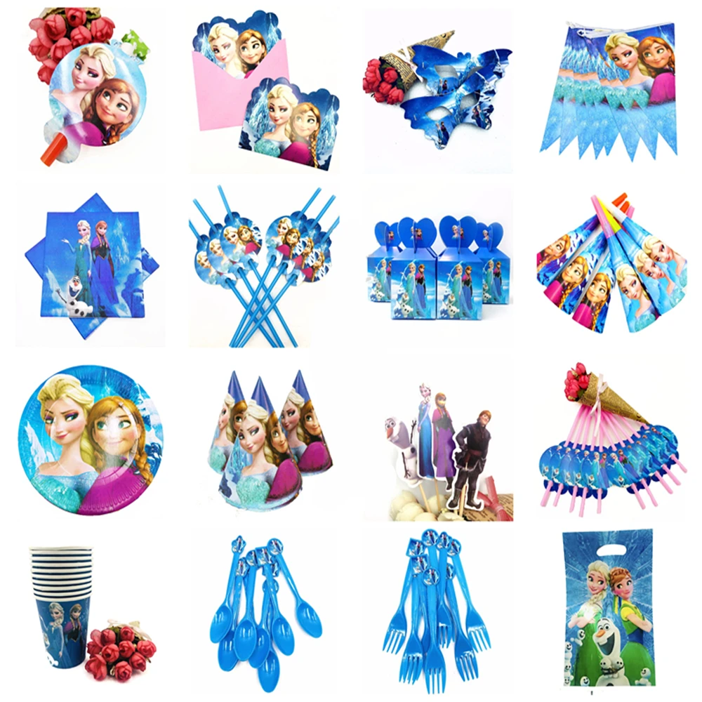 

Frozen Elsa And Anna Theme Tablecloth Napkins Plates Popcorn Supplies Cups Knives And Forks Spoons Birthday Party Decoration