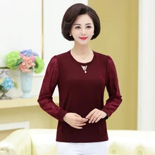 Рубашка с кружевным низом для женщин весна осень средний возраст женская футболка с длинными рукавами черный пуловер с круглым вырезом Топ Футболка Femme