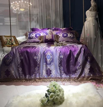 

Purple White Luxury European style Royal Palace Silk/Cotton Bedding Set Lace Duvet Cover Bed sheet Bed Linen Pillowcases 4pcs