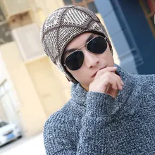 Теплая мужская вязаная шерстяная шапка мягкая шапка Tianzi решетка вязаная плюс бархатная шапка мужская женская тюрбаны Muts