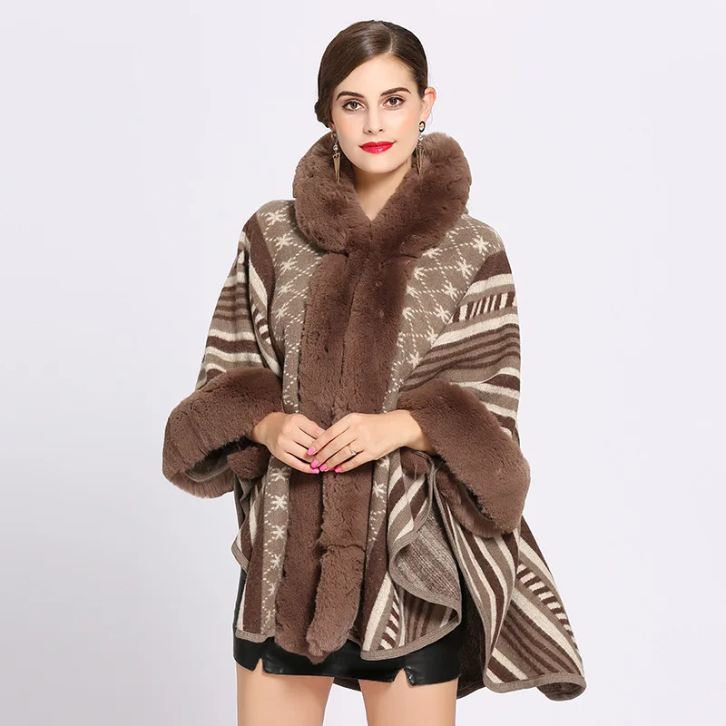 Mingjiebihuo, новая мода, зимняя женская мода, геометрическая шаль, теплая, толстая, большого размера, удобная, мягкая, свободная, меховой воротник, пончо