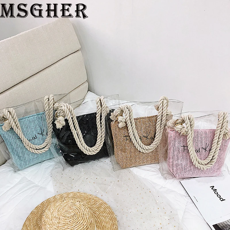 

MSGHER Handbags Women Clear Transparent Bags Straw Shoulder Bags for Women Summer Fashion Lash Packages PVC Straw Bags