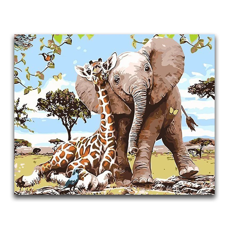 Oil Painting By Numbers Elephant Modern DIY Cartoon giraffe Wall Picture Home Decoration Hand Painted Animals Canvas Wall Art