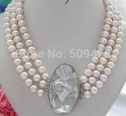 

~~ DEY52 Free Shipping 3row 19-21" 9mm round white Freshwater cultured pearl necklace mabe pearl