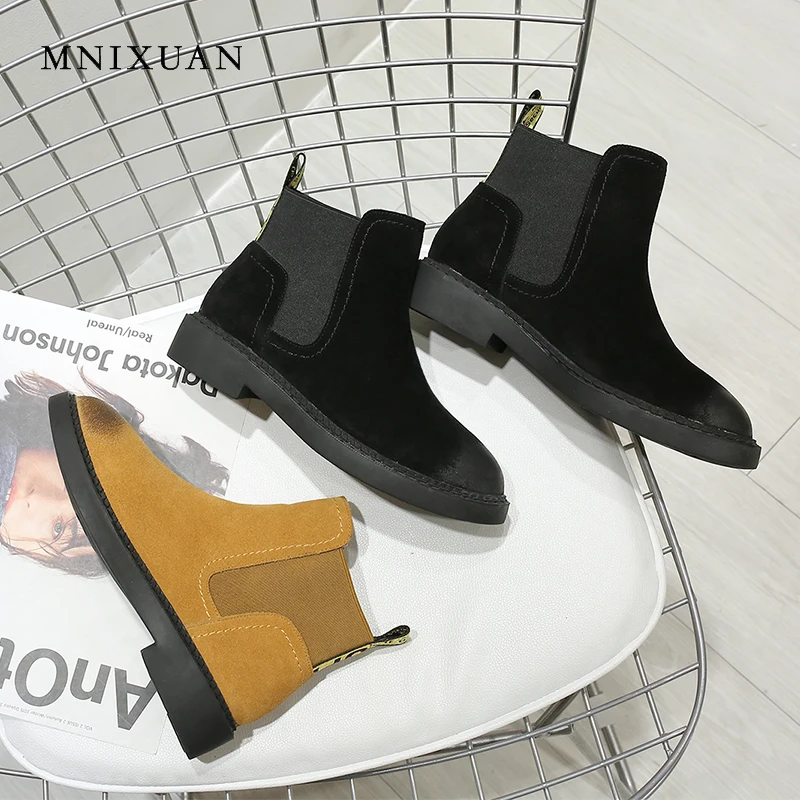 

MNIXUAN Ladies shoes ankle boots for women 2018 autumn winter cow suede slip on chelsea boots warm short plush boots big size 43