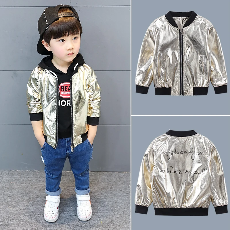 New Gold Leather Boy Coats Zipper V neck Children Jackets Fashion Baby