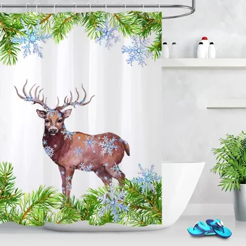 

LB Green Fir Twigs Elk & Moose White Shower Curtain Eco-Friendly Nature Bathroom Waterproof Polyester Fabric For Bathtub Decor