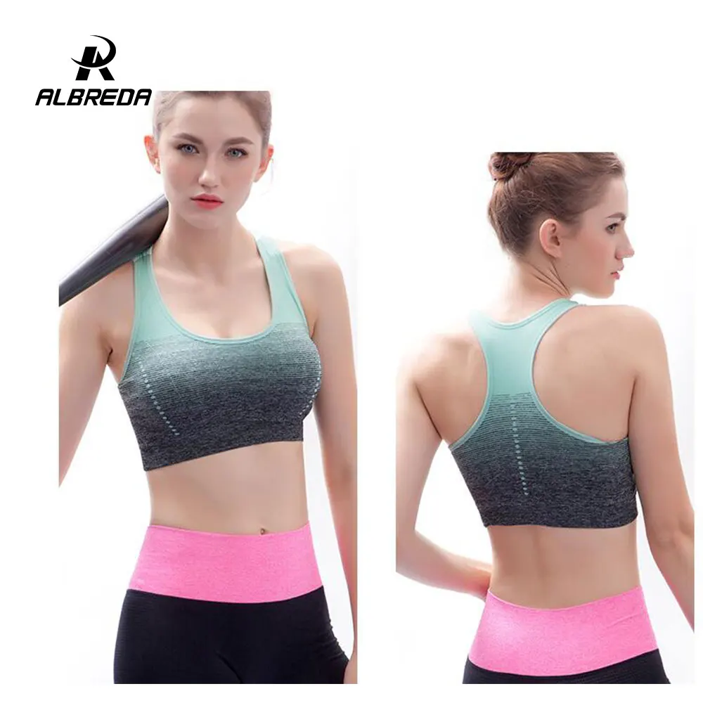ALBREDA Gradient Breathable Sports Bras Women Quick Dry Padded Sports Top for Fitness Yoga Running Gym Seamless Sport vest Top