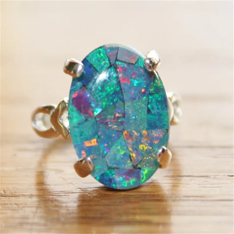 

Rainbow Opal Ring Wedding Ring Silver Color Rings for Women Minimalist Jewelry Anillos Mujer E5X751