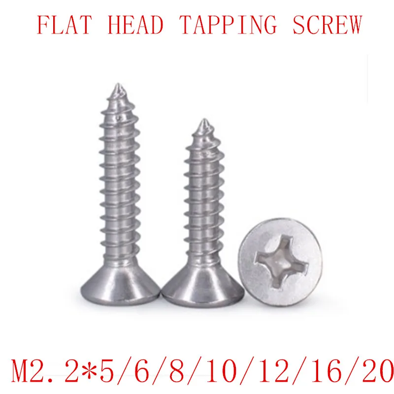 

M2.2, 100PCS DIN7982 304 Stainless Steel Screws M2.2*4-16mm Cross Recessed Flat Head Countersunk Self-tapping Wood Screws
