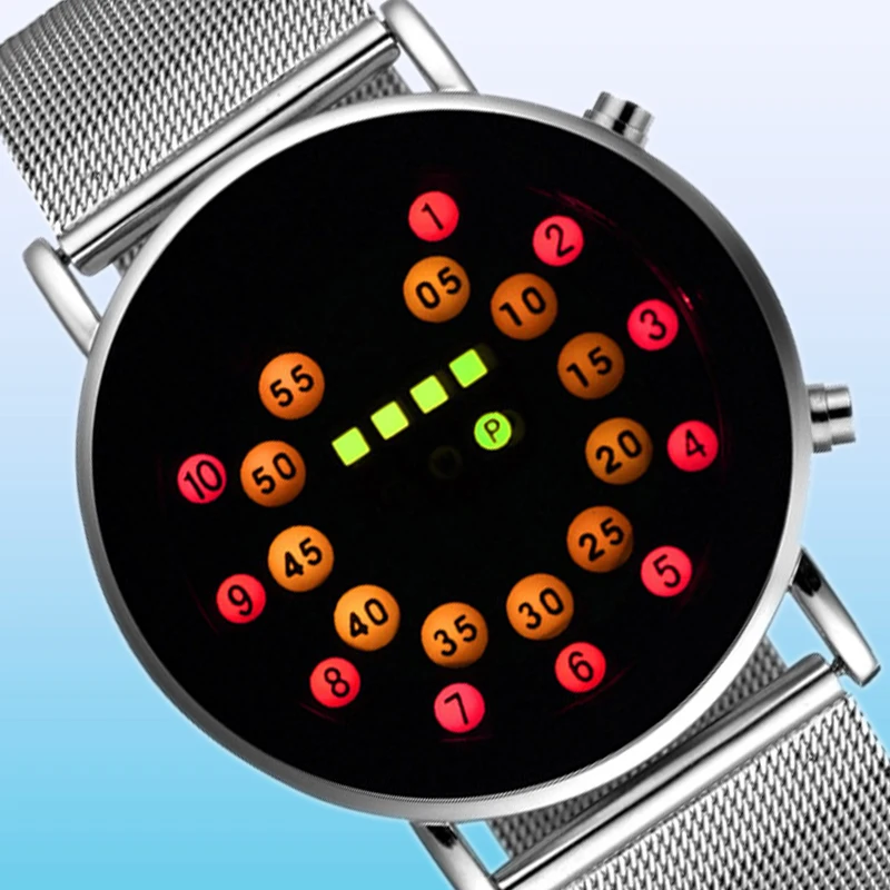 Blue Round Dial LED font b Watch b font Silver Stainless Steel Mesh Digital font b