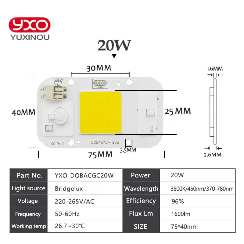 YXO YUXINOU светодиод DOB COB Чип 50 Вт 40 30 20 10 AC 220 В нет необходимости в драйвере умная