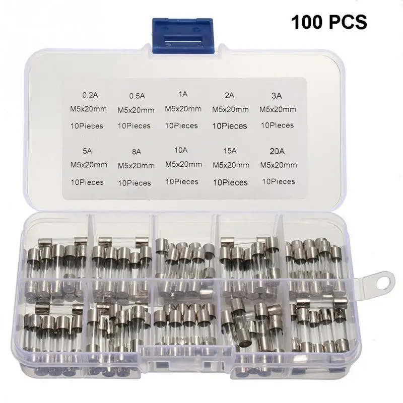 

100Pcs/lot 5x20mm Electrical Assorted Fuse Amp Fast-blow Glass Tube Fuse Mix Set With Box 0.2A 0.5A 1A 2A 3A 5A 8A 10A 15A 20A