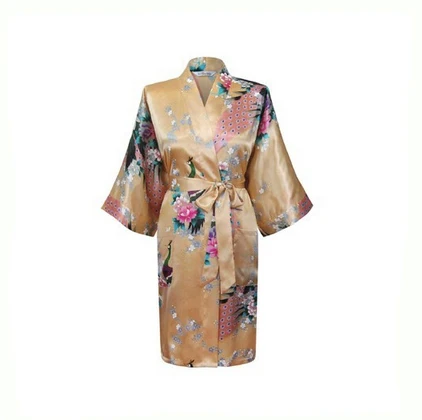 Летний женский китайский сатиновый Свадебный халат кимоно платье Пеньюар сексуальное нижнее белье Пижама цветок плюс размер S M L XL XXL XXX a-025 - Цвет: Gold