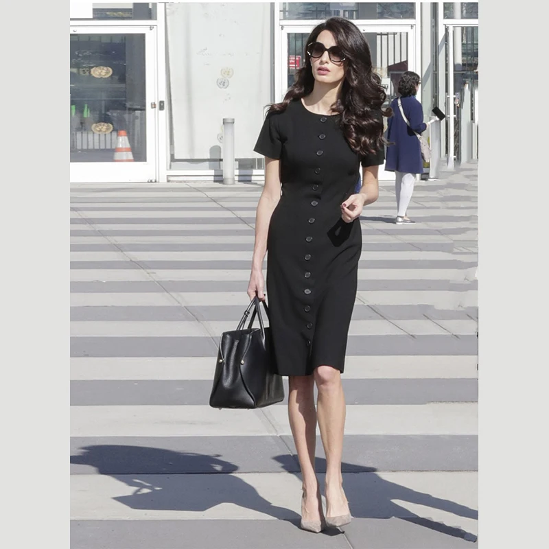 

Princess Megan Dress 2019 High Quality Runway O-Neck Short Sleeve Buttons Elegant Dress Ladies Work Dresses Office NP0450J