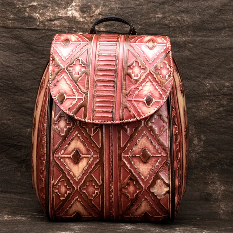 

Women Genuine Leather Embossed Backpack Travel Daypack Geometry Pattern Bag National Style Retro Brush Color Rucksack Knapsack