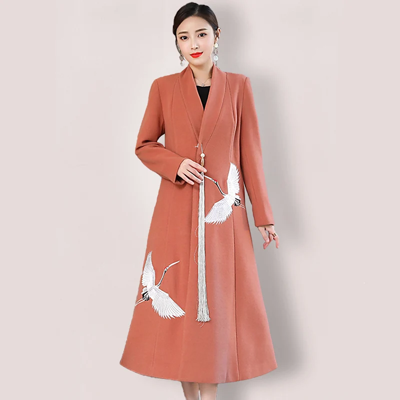 Шерстяные пальто для женщин, китайский стиль, Осень-зима, теплые пальто, v-образный вырез, вышивка, кисточка, закрытая кнопка, длинный рукав, верхняя одежда