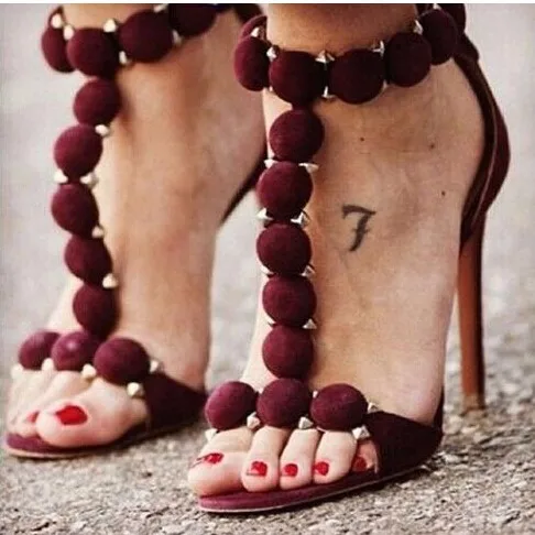 

LTTL beautiful Style T-bar Pom Pom Button Straps Studded Suede Sandals High Heels Womens Sandals Open Toe Sexy Summer Shoes Part