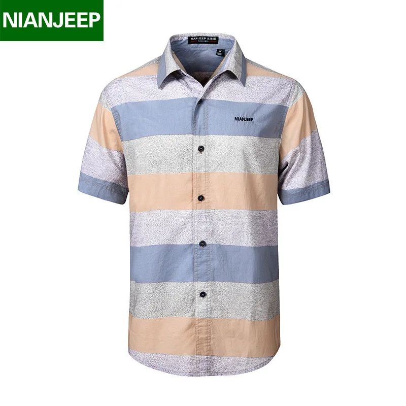 

NIANJEEP 100% Cotton striped Shirt Men New Summer Casual Men's Short Sleeves Shirts male Breathable Chemise Loose Army Shirt
