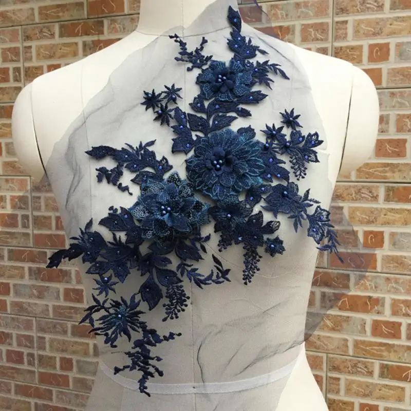 Женское платье DIY свадебное цветочное 3D вышивка свадебное вышитое бисером тюль кружева аппликационный костюм аксессуары - Цвет: navy