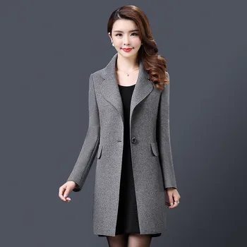 

Middle-aged Woolen Coat Autumn Large size Female Mediun long New Wool Jacket Solid color Slim Elegant Fashion Woolen Coat DT0093