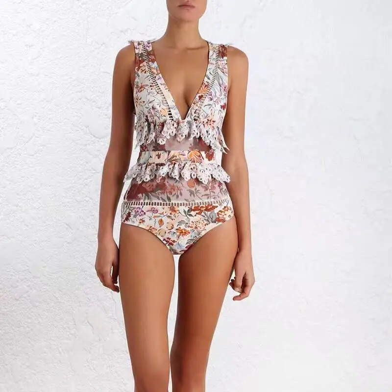 Лето обнаженный цветочный принт женский купальник кружева вышитые с плеча спинки чарующие боди Цельный купальник Монокини