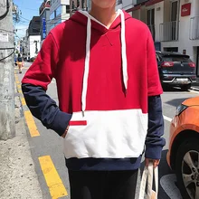 Casual False Two Paper Double Hat Split Joint Kangaroo Pocket Long Sleeve Men Pullover 2018 Autumn Male Hoodie Sweatshirt M-2XL long sleeve two tone pullover hoodie
