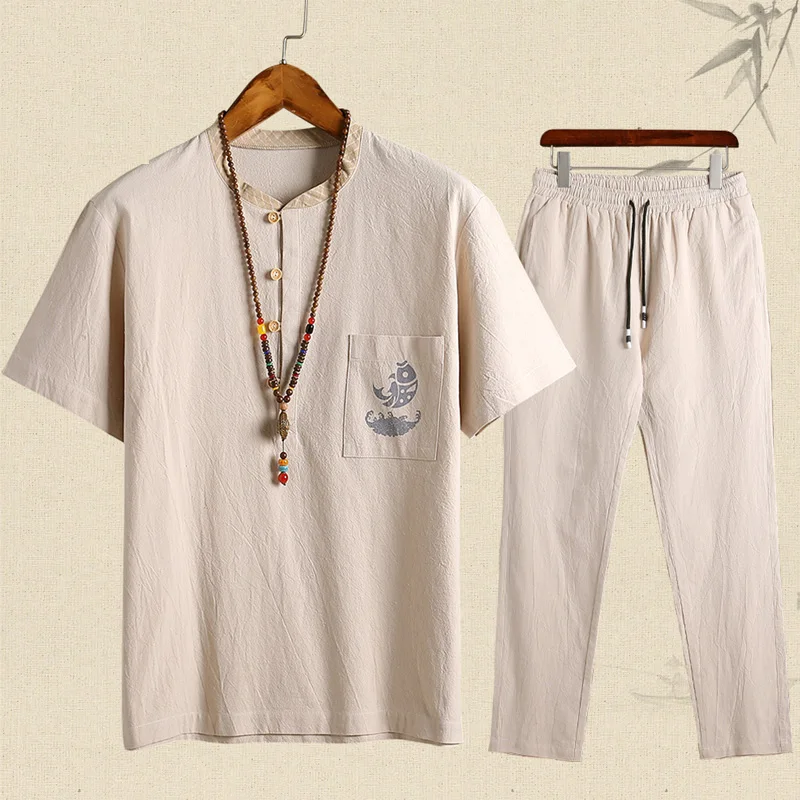 2019 Fashion New Men's Sportswear Suits Large size 5XL Mens Short Sets Summer Casual Solid Color Linen T-shirts+trousers 2 Piece