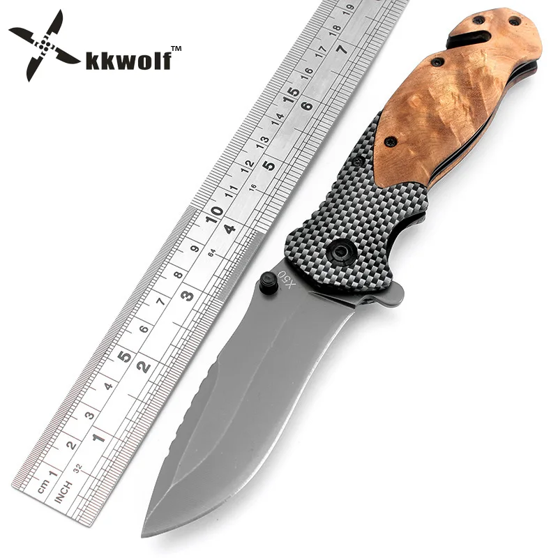 

KKWOLF X50 Tactical Folding Mini Pocket Knife 5Cr15Mov Gray titanium Survival Knife Huntting EDC Tool Wood Handle Combat defense