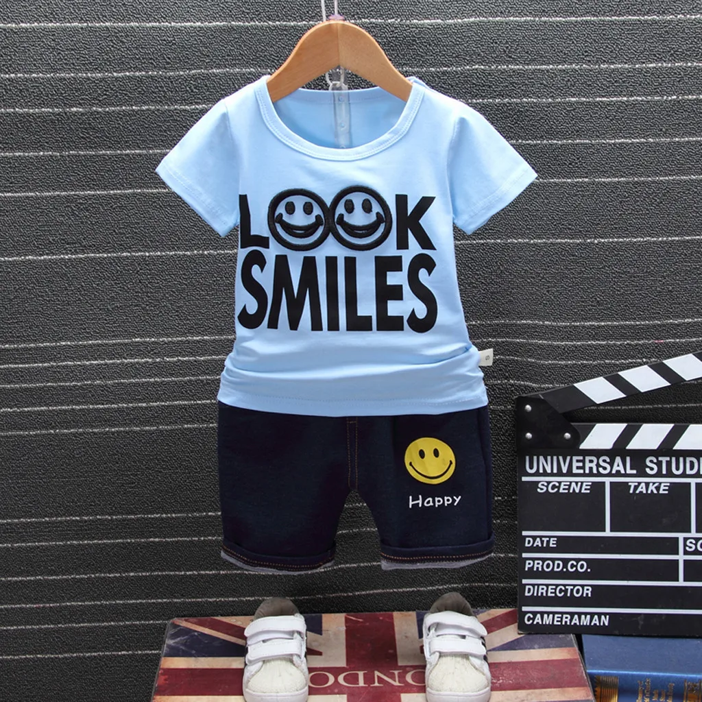 Летняя одежда для маленьких девочек и мальчиков, Однотонная футболка с надписью «LOOK SMILES», джинсовые шорты с принтом, комплекты из 2