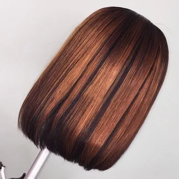 

Summer Highlight Honey Blonde Brown Ombre Short Bob 360 Lace Frontal Wig Colored Pixie Blunt Cut Brazilian Remy Human Hair Wigs