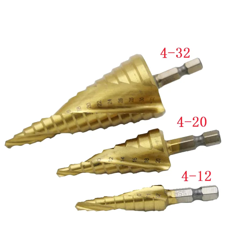 

3 Pcs/Set HSS Spiral Groove Step Drill Titanium Coated Bit Kit for Iron Aluminum Plate Cutting Holes GHS99
