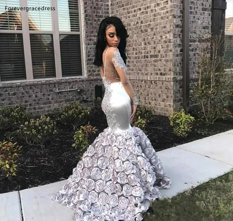 Gorgeous Rose Flowers Mermaid Prom Dresses 2019 Appliques Beads Sheer Long Sleeve Evening Gown Silver Stretchy Satin robes de soire  199 (1)