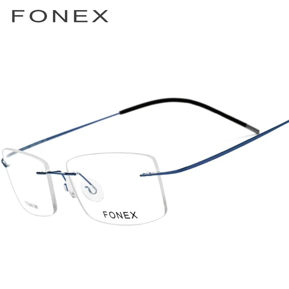 FONEX очки без оправы из титанового сплава, мужские ультралегкие квадратные оправы для очков, мужские очки по рецепту, очки с оптической оправой для близорукости, 76127 - Цвет оправы: Синий