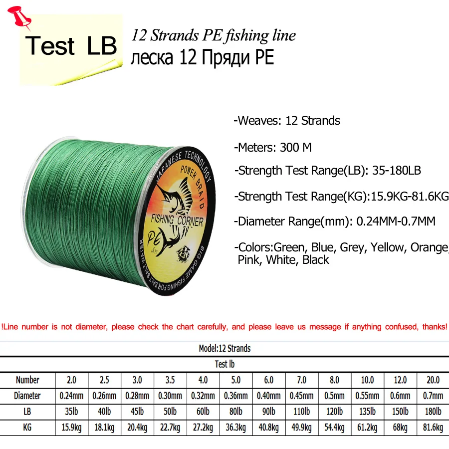 12 Strands Braided Fishing Line 300M PE Wire 35LB-180LB Multifilament Fishing  Line 8 Colors to Choose