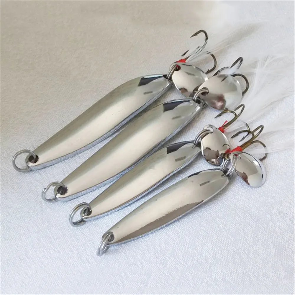 Gold and Silver Sequined Spoon Fishing Lure with Feather and Noise Attraction