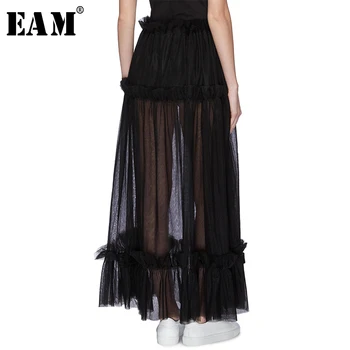 

[EAM] 2020 New Spring Summer High Elastic Waist Black Mesh Ruffles Split Joint Temperament Half-body Skirt Women Fashion JX424