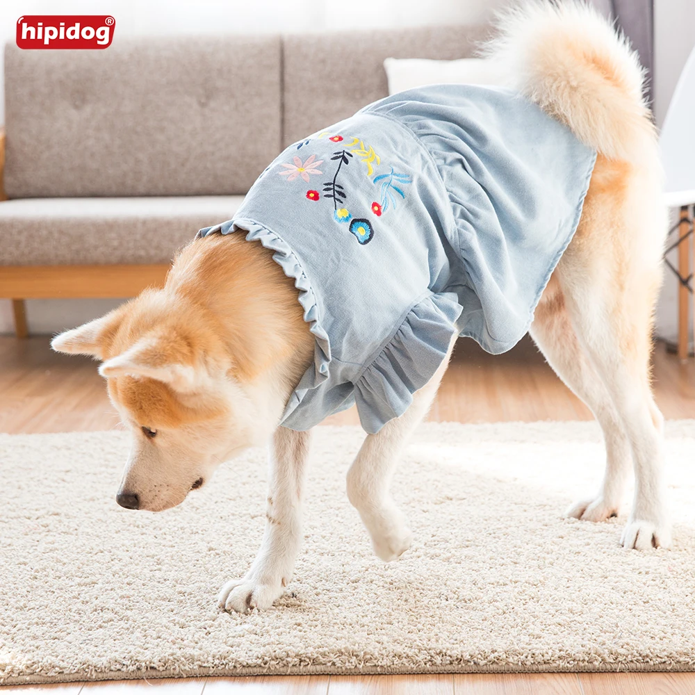 Hipidog New Embroidery Fashion Clothes Dog Jeans Denim Dress Pet Flower